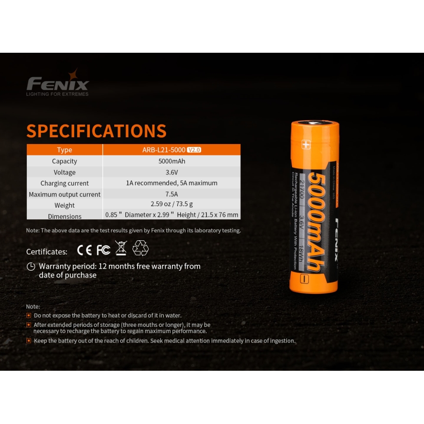 Fenix FE21700V20 - 1 szt. Akumulator ładowalny 21700/3,6 V 5000 mAh