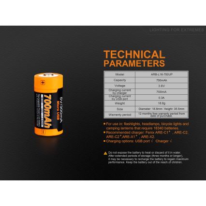 Fenix FERCR123ALIIONUP - 1 szt. Akumulator ładowalny USB/3,6 V 700 mAh
