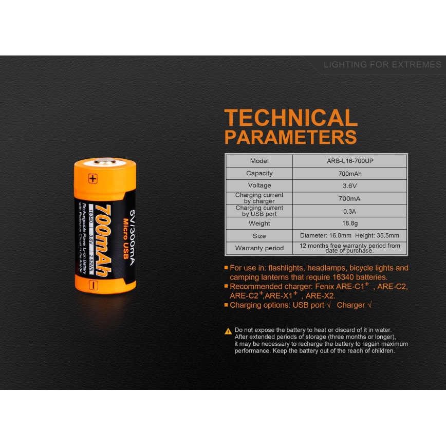 Fenix FERCR123ALIIONUP - 1 szt. Akumulator ładowalny USB/3,6 V 700 mAh