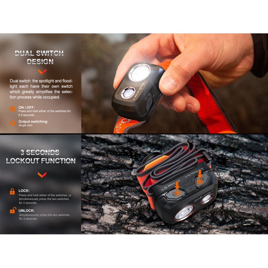 Fenix HL32RTBLCK - LED Czołówka akumulatorowa LED/USB/3xAAA IP66 800 błyszcz. 300 h 1900 mAh czarny/pomarańczowy
