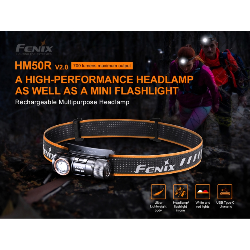 Fenix HM50RV20 - LED Czołówka akumulatorowa 3xLED/USB/1xCR123A IP68 700 błyszcz. 120 h 700 mAh