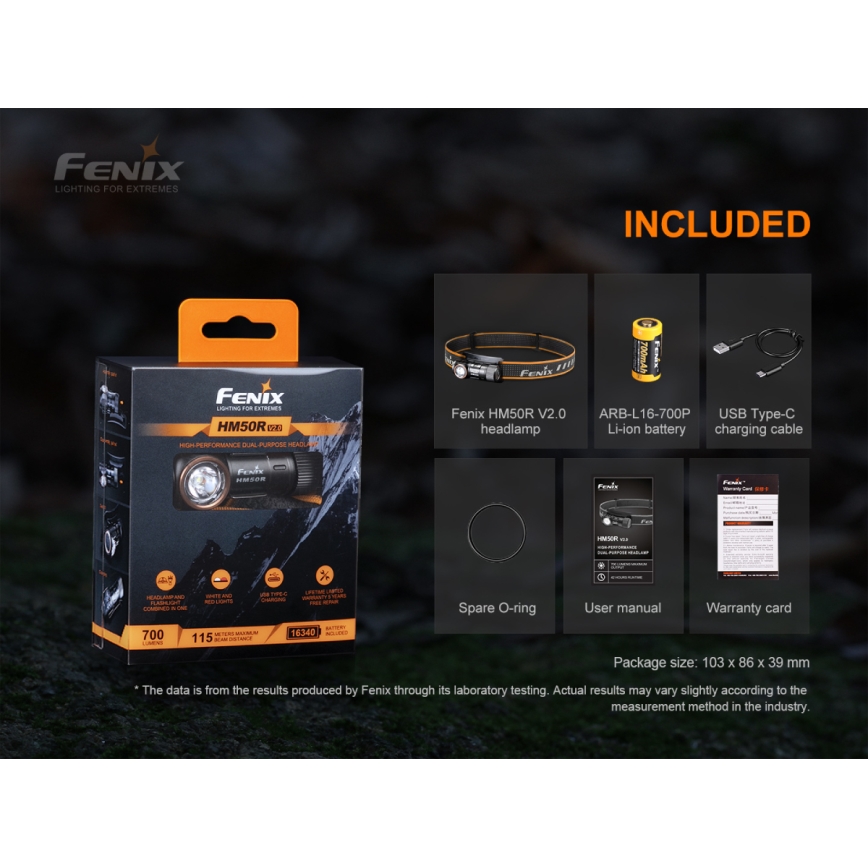 Fenix HM50RV20 - LED Czołówka akumulatorowa 3xLED/USB/1xCR123A IP68 700 błyszcz. 120 h 700 mAh