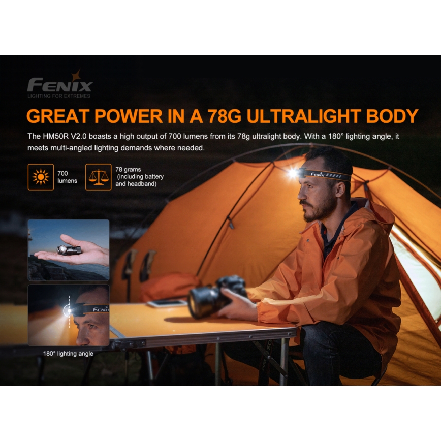 Fenix HM50RV20 - LED Czołówka akumulatorowa 3xLED/USB/1xCR123A IP68 700 błyszcz. 120 h 700 mAh