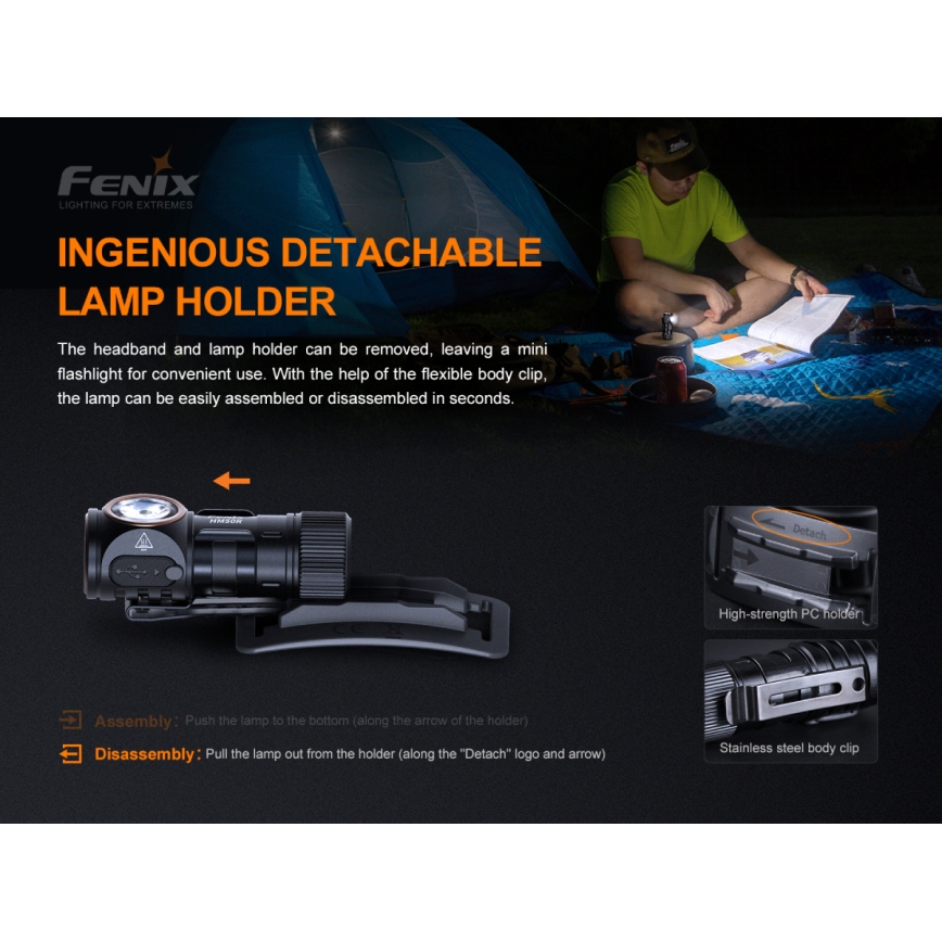 Fenix HM50RV20 - LED Czołówka akumulatorowa 3xLED/USB/1xCR123A IP68 700 błyszcz. 120 h 700 mAh