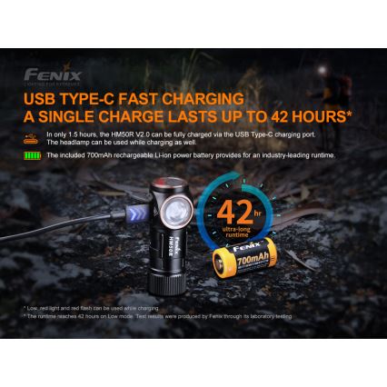 Fenix HM50RV20 - LED Czołówka akumulatorowa 3xLED/USB/1xCR123A IP68 700 błyszcz. 120 h 700 mAh