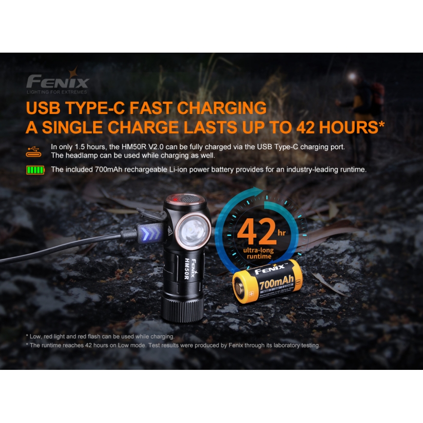 Fenix HM50RV20 - LED Czołówka akumulatorowa 3xLED/USB/1xCR123A IP68 700 błyszcz. 120 h 700 mAh