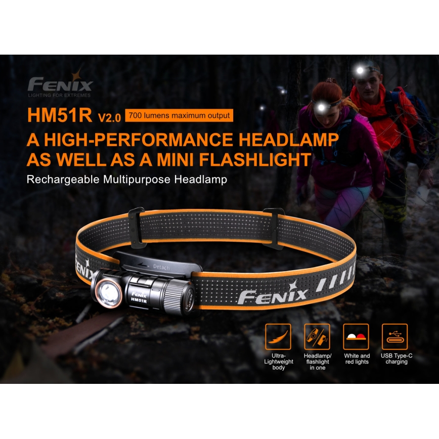 Fenix HM51RV20 - LED Czołówka akumulatorowa 3xLED/1xCR123A/USB IP68 700 błyszcz. 120 h 700 m