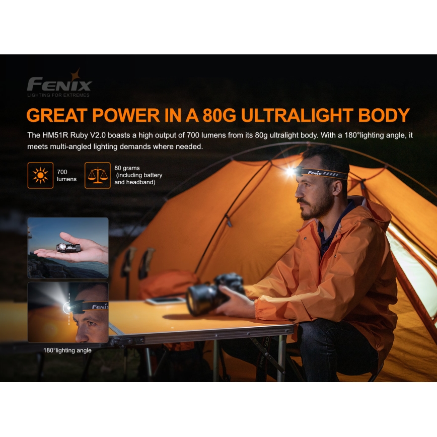 Fenix HM51RV20 - LED Czołówka akumulatorowa 3xLED/1xCR123A/USB IP68 700 błyszcz. 120 h 700 m