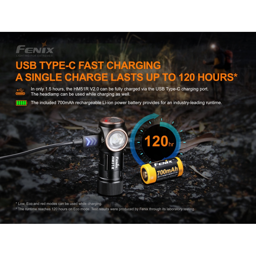 Fenix HM51RV20 - LED Czołówka akumulatorowa 3xLED/1xCR123A/USB IP68 700 błyszcz. 120 h 700 m