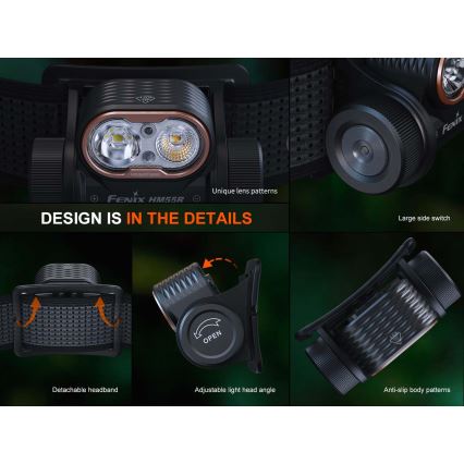 Fenix HM55RABL - ściemnialna, ładowalna czołówka LED/USB/1xCR123A 1600 mAh IP68 1200 lm 141,2 h czarna