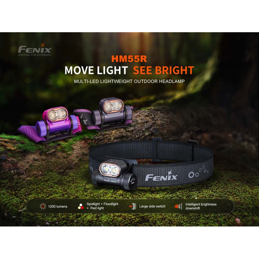 Fenix HM55RPRP - ściemnialna ładowalna czołówka LED/USB/1xCR123A 1600 mAh IP68 1200 lm 141,2 h fioletowa/czarna