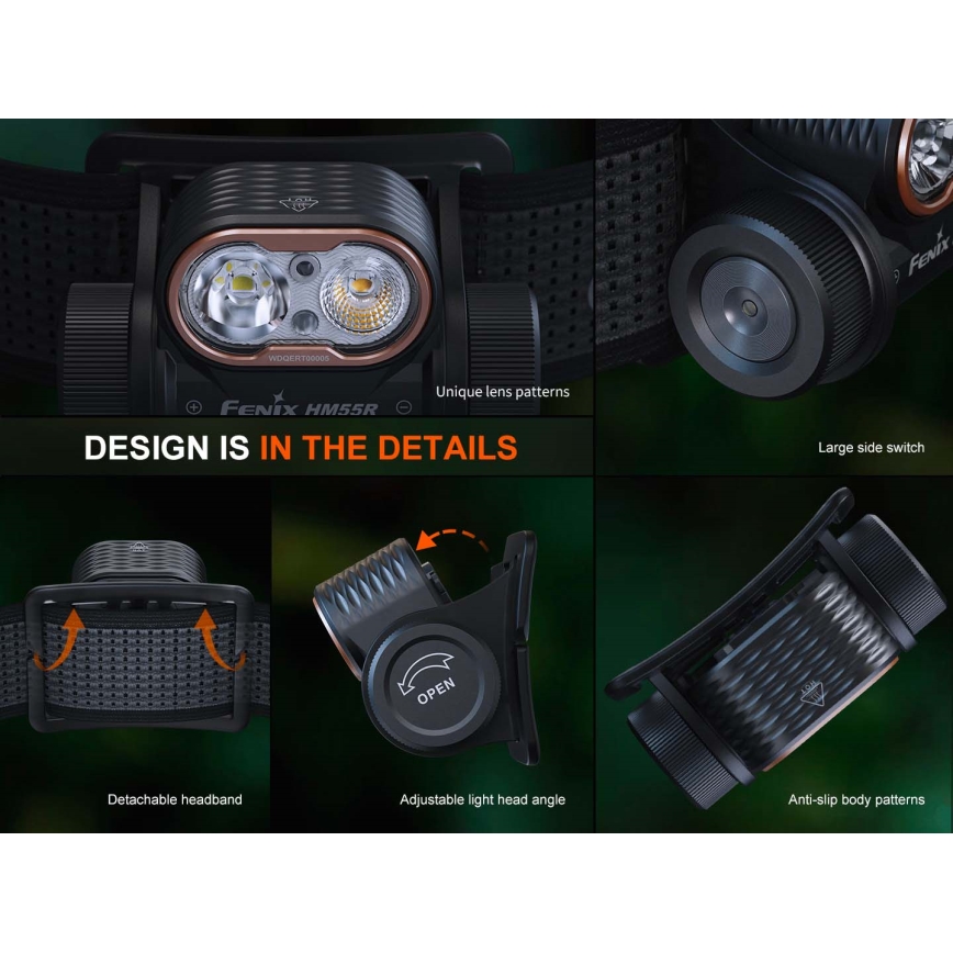 Fenix HM55RPRP - ściemnialna ładowalna czołówka LED/USB/1xCR123A 1600 mAh IP68 1200 lm 141,2 h fioletowa/czarna