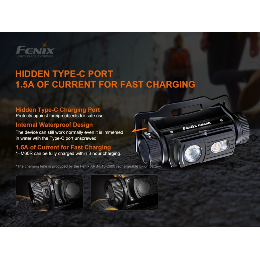 Fenix HM60R - LED Ściemnialna akumulatorowa czołówka 4xLED/USB/2xCR123A IP68 1300 błyszcz. 300 h 3400 mAh