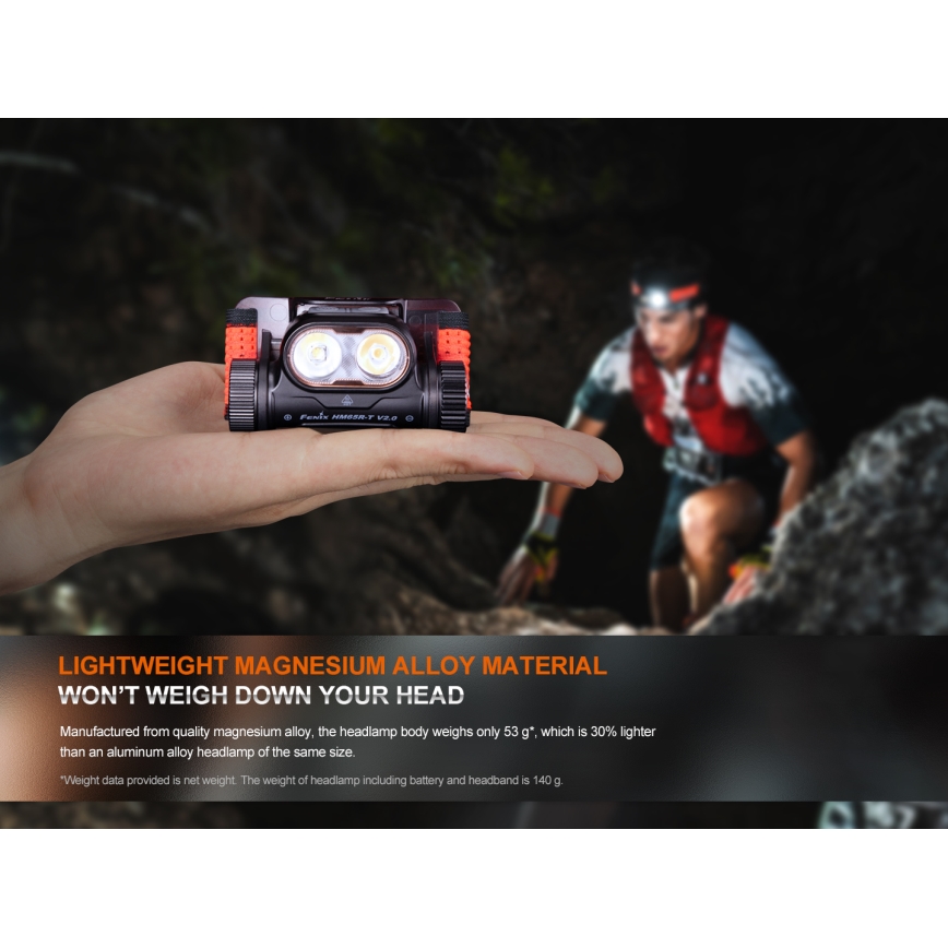 Fenix HM65RTV20BLC- LED Ściemnialna czołówka alumulatorowa LED/USB/2xCR123A IP68 3400 mAh czarna/pomarańczowa
