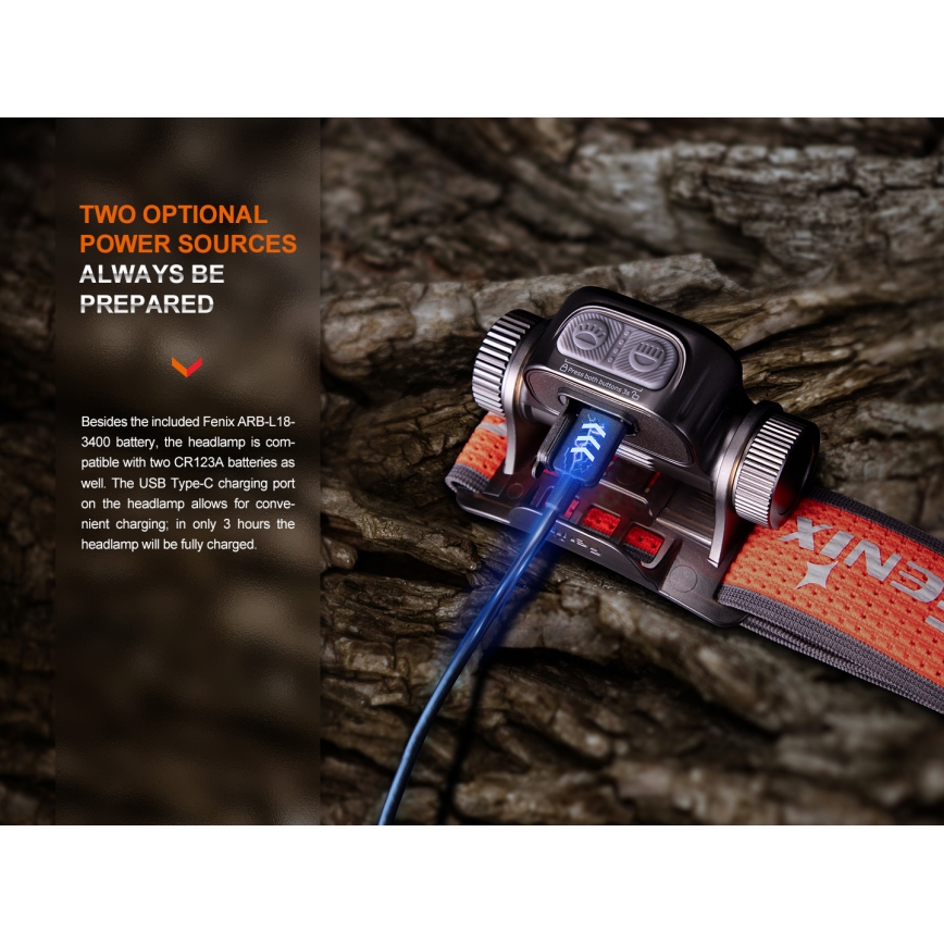 Fenix HM65RTV20BLC- LED Ściemnialna czołówka alumulatorowa LED/USB/2xCR123A IP68 3400 mAh czarna/pomarańczowa