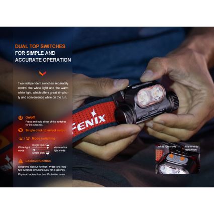 Fenix HM65RTV20BLC- LED Ściemnialna czołówka alumulatorowa LED/USB/2xCR123A IP68 3400 mAh czarna/pomarańczowa