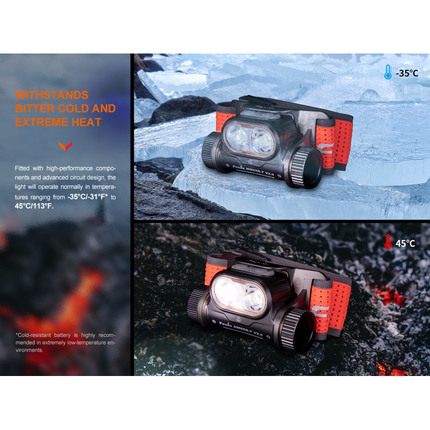 Fenix HM65RTV20BLC- LED Ściemnialna czołówka alumulatorowa LED/USB/2xCR123A IP68 3400 mAh czarna/pomarańczowa