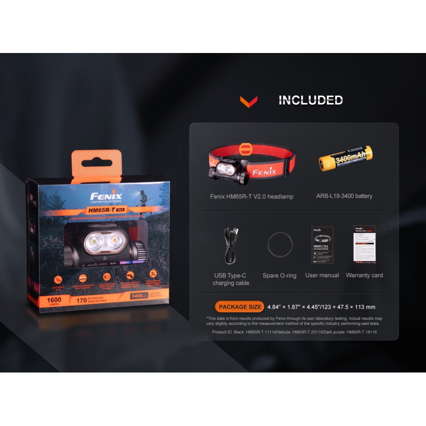 Fenix HM65RTV20BLC- LED Ściemnialna czołówka alumulatorowa LED/USB/2xCR123A IP68 3400 mAh czarna/pomarańczowa