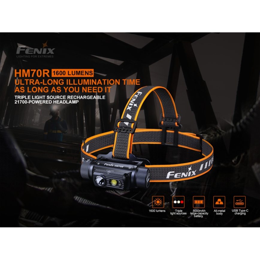 Fenix HM70R - LED Czołówka akumulatorowa 4xLED/1x21700 IP68 1600 błyszcz. 800 h 5000 mAh