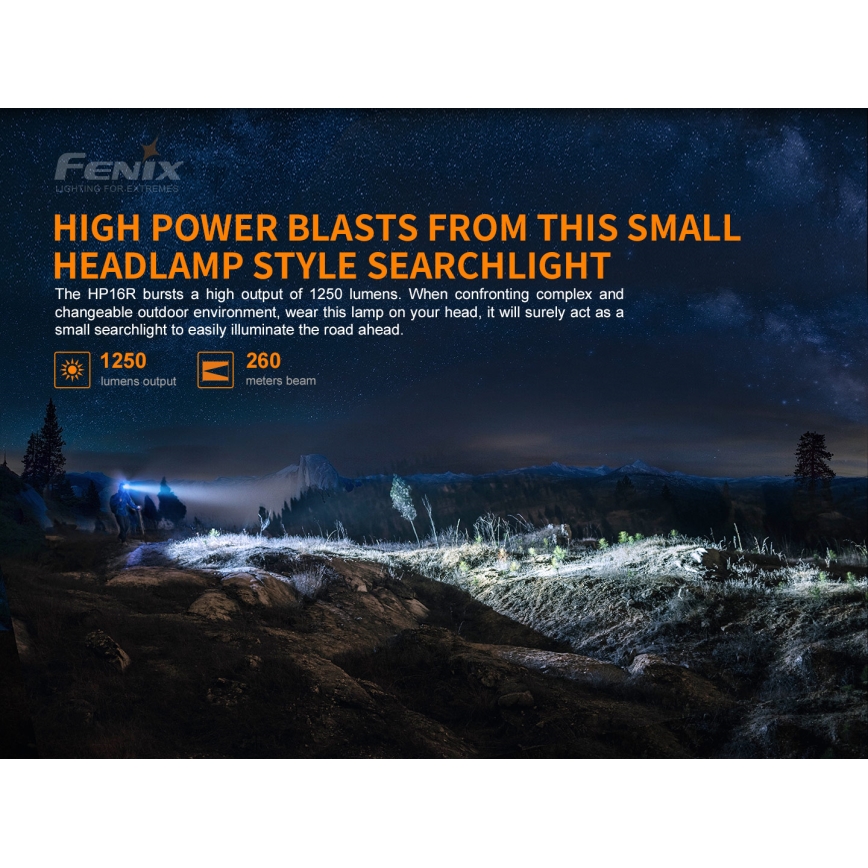 Fenix HP16R1250 - LED Czołówka akumulatorowa 3xLED/USB 4xAA IP66 1250 błyszcz. 600 h 3000 mAh