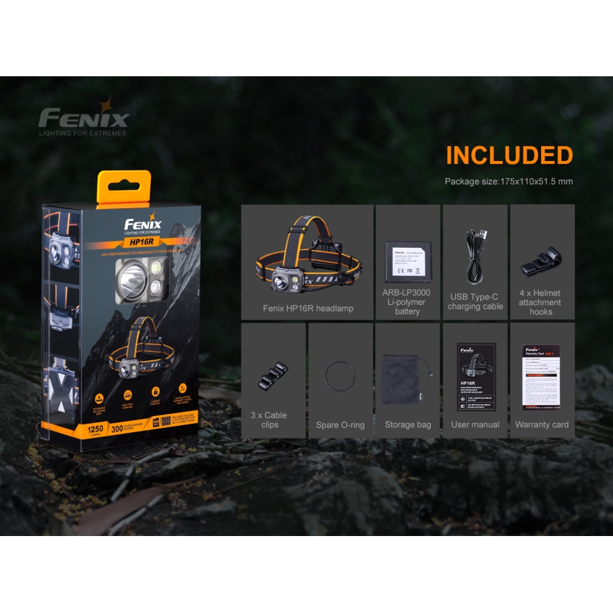 Fenix HP16R1250 - LED Czołówka akumulatorowa 3xLED/USB 4xAA IP66 1250 błyszcz. 600 h 3000 mAh