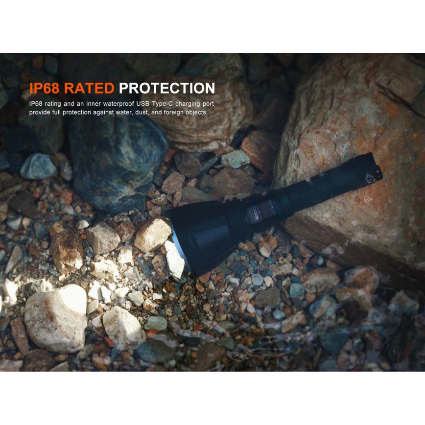 Fenix HT18RV20 - ściemnialna latarka ładowalna LED/USB, 6000 mAh, IP68, 3700 lm, 87 h, czarna