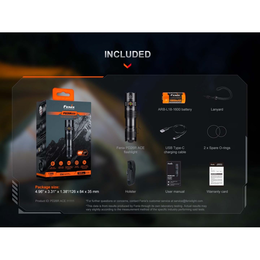 Fenix PD26RACE - Ładowalna latarka LED z regulacją jasności, USB, 1600 mAh, IP68, 1300 lm, 556 h, czarna