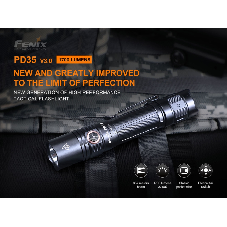 Fenix PD35V30 - LED Latarka akumulatorowa LED/USB/2xCR123A IP68 1700 błyszcz. 230 h 2600 mAh