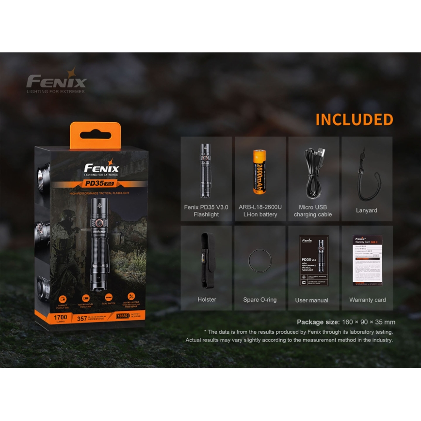 Fenix PD35V30 - LED Latarka akumulatorowa LED/USB/2xCR123A IP68 1700 błyszcz. 230 h 2600 mAh