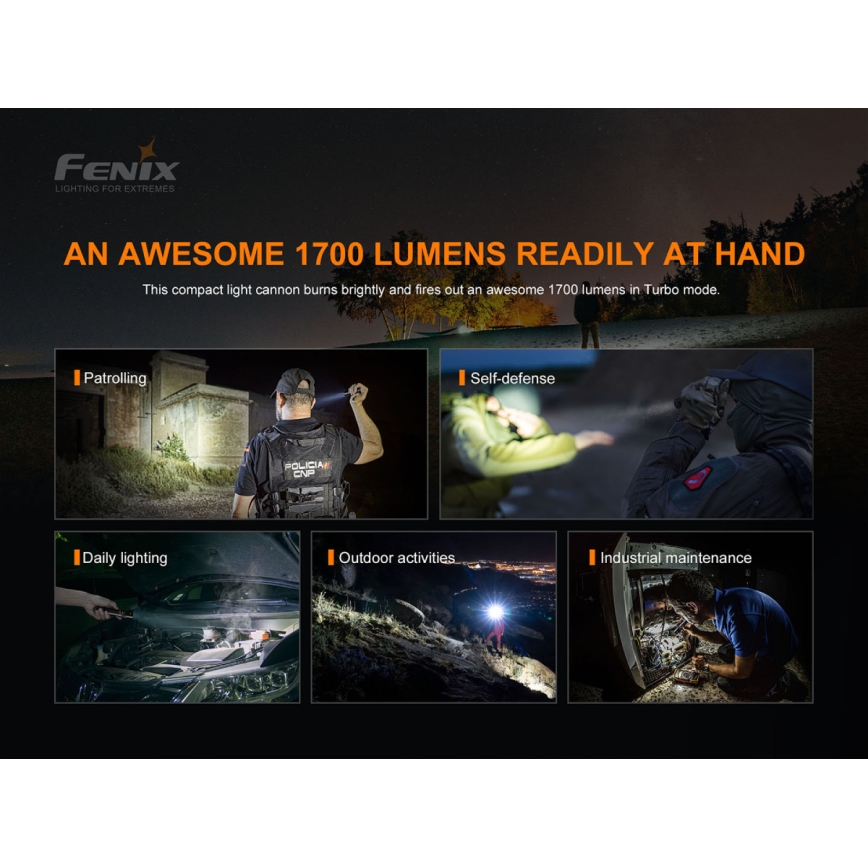 Fenix PD35V30 - LED Latarka akumulatorowa LED/USB/2xCR123A IP68 1700 błyszcz. 230 h 2600 mAh