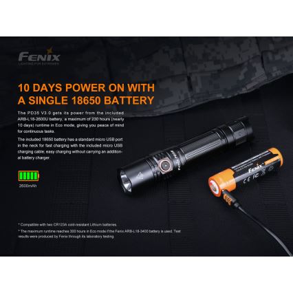 Fenix PD35V30 - LED Latarka akumulatorowa LED/USB/2xCR123A IP68 1700 błyszcz. 230 h 2600 mAh