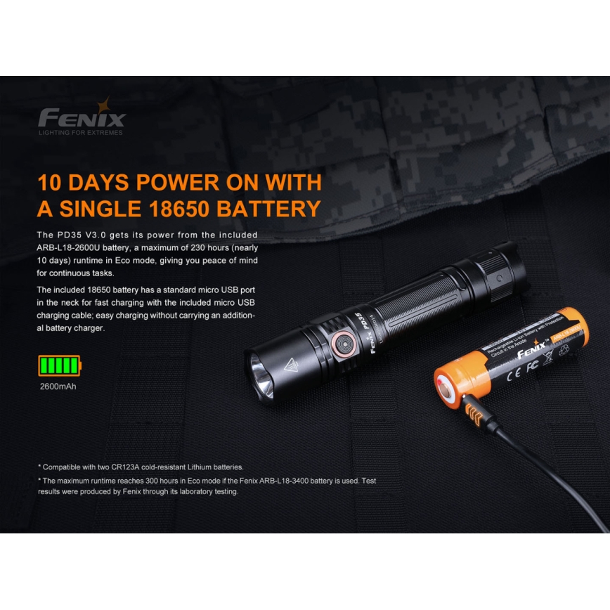 Fenix PD35V30 - LED Latarka akumulatorowa LED/USB/2xCR123A IP68 1700 błyszcz. 230 h 2600 mAh