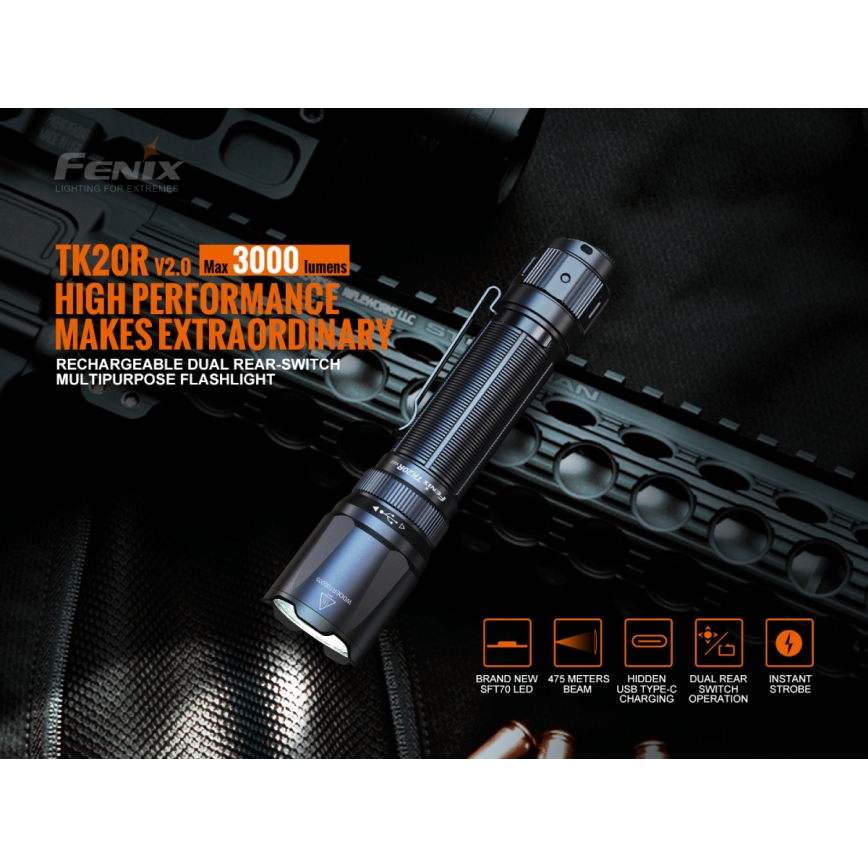 Fenix TK20RV20 - LED Taktyczna latarka akumulatorowa LED/USB IP68 3000 lm 48 godz.