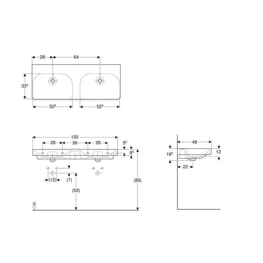 Geberit 500.224.01.1 - Podwójna umywalka wisząca Smyle Square 120x48 cm, ceramika/biała