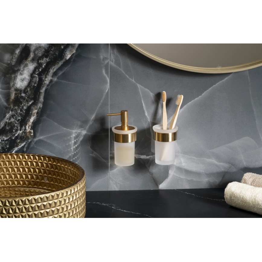 Gedy - Dozownik mydła ścienny PIRENEI 110 ml mleczne szkło/matowe złoto