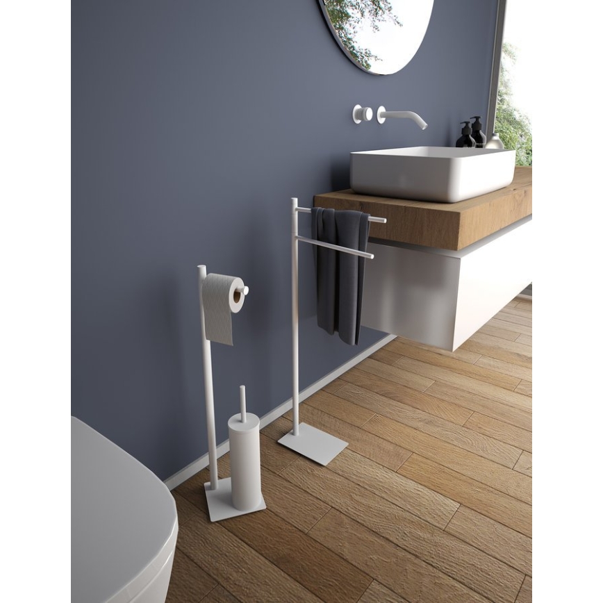 Gedy - Stojąca szczotka WC z uchwytem na papier toaletowy TRILLY, biały mat