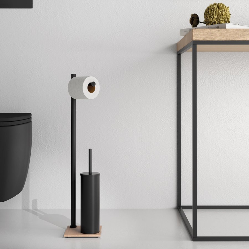 Gedy - Wolnostojąca szczotka do WC z uchwytem na papier toaletowy TRILLY matowa czarna/bambus