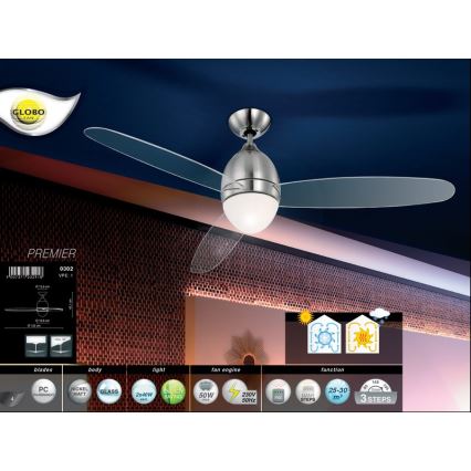 GLOBO 0302 - Stropní ventilátor PREMIER 2xE14/40W/230V