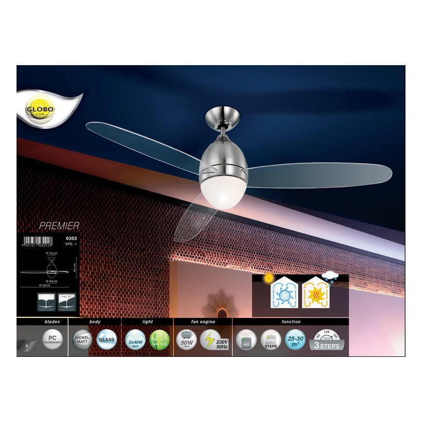 GLOBO 0302 - Stropní ventilátor PREMIER 2xE14/40W/230V