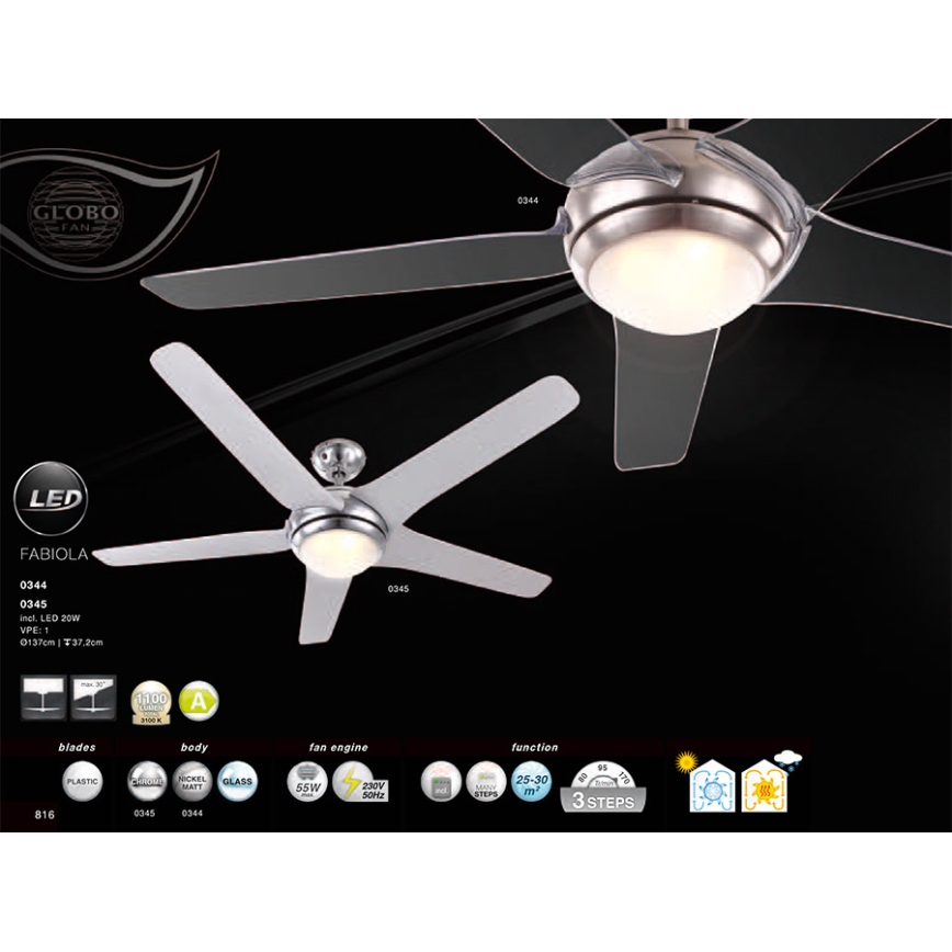 GLOBO 0344 - Wentylator sufitowy FABIOLA 1xLED/20W/230V