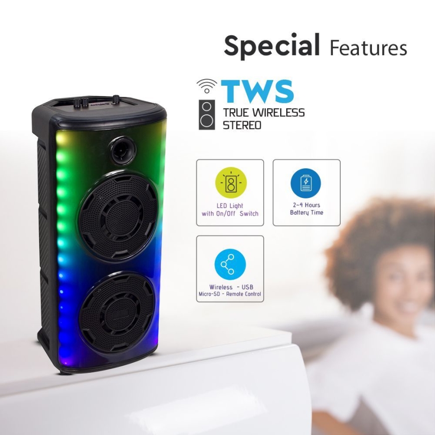Głośnik akumulatorowy LED RGB z mikrofonem 600W/2400 mAh + zdalne sterowanie