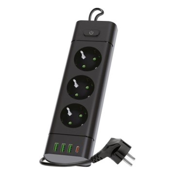 Gniazdko rozdzielcze z włącznikiem LINEA PRO 3x230V+3xUSB-A + 1xUSB-C SCHUKO 1,5 m czarne