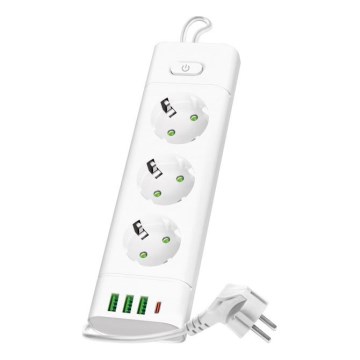Gniazdo rozgałęziacza z wyłącznikiem LINEA PRO 3x230V + 3xUSB-A + 1xUSB-C SCHUKO 1,5 m białe
