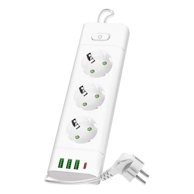 Gniazdo rozgałęziacza z wyłącznikiem LINEA PRO 3x230V + 3xUSB-A + 1xUSB-C SCHUKO 1,5 m białe