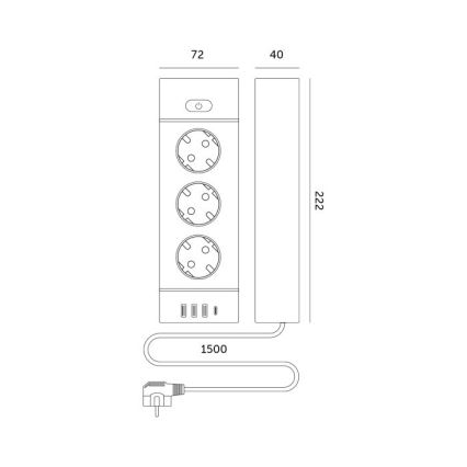 Gniazdo rozgałęziacza z wyłącznikiem LINEA PRO 3x230V + 3xUSB-A + 1xUSB-C SCHUKO 1,5 m białe