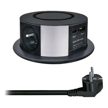 Gniazdo stołowe z bezprzewodowym ładowaniem Qi 3x230V + 1xUSB-A + 1xUSB-C czarny/srebrny