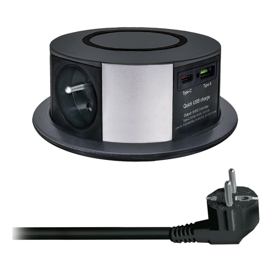 Gniazdo stołowe z bezprzewodowym ładowaniem Qi 3x230V + 1xUSB-A + 1xUSB-C czarny/srebrny