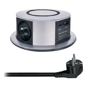 Gniazdo stołowe z bezprzewodowym ładowaniem Qi 3x230V + 1xUSB-A + 1xUSB-C srebrny/czarny