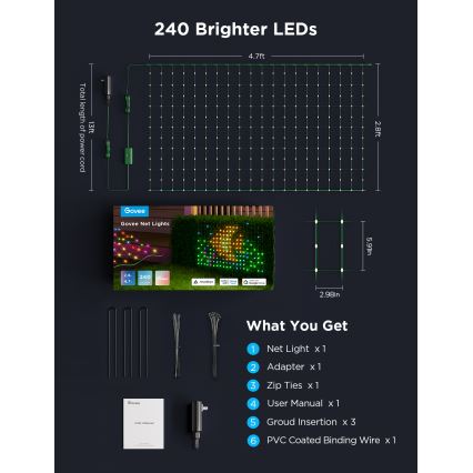 Govee - LED RGBIC Zewnętrzna sieć oświetleniowa 143x85cm Wi-Fi Matter IP65