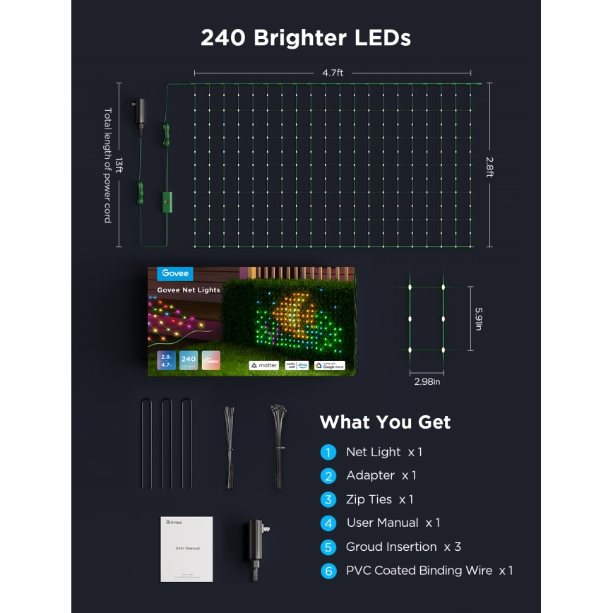 Govee - LED RGBIC Zewnętrzna sieć oświetleniowa 143x85cm Wi-Fi Matter IP65